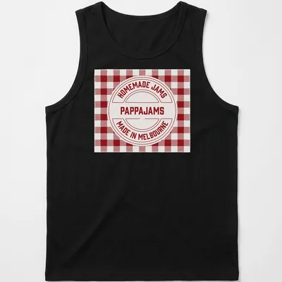 Vintage badge design with Homemade Jams Pappajams Made In Melbourne text in red and white — printed on a tank top