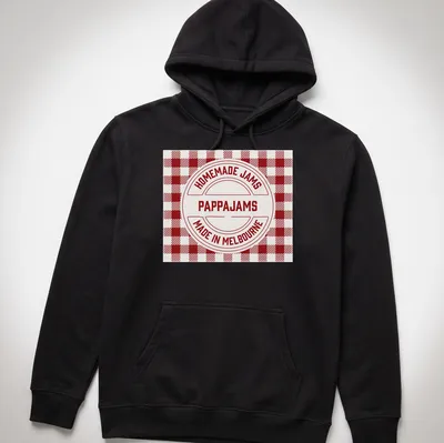 Vintage badge design with Homemade Jams Pappajams Made In Melbourne text in red and white — printed on a unisex hoodie