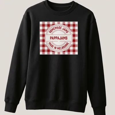 Vintage badge design with Homemade Jams Pappajams Made In Melbourne text in red and white — printed on a unisex sweatshirt