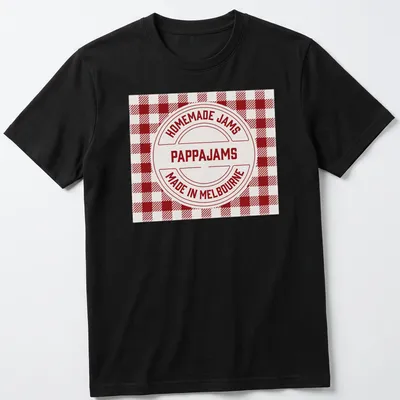 Vintage badge design with Homemade Jams Pappajams Made In Melbourne text in red and white — printed on a unisex t-shirt