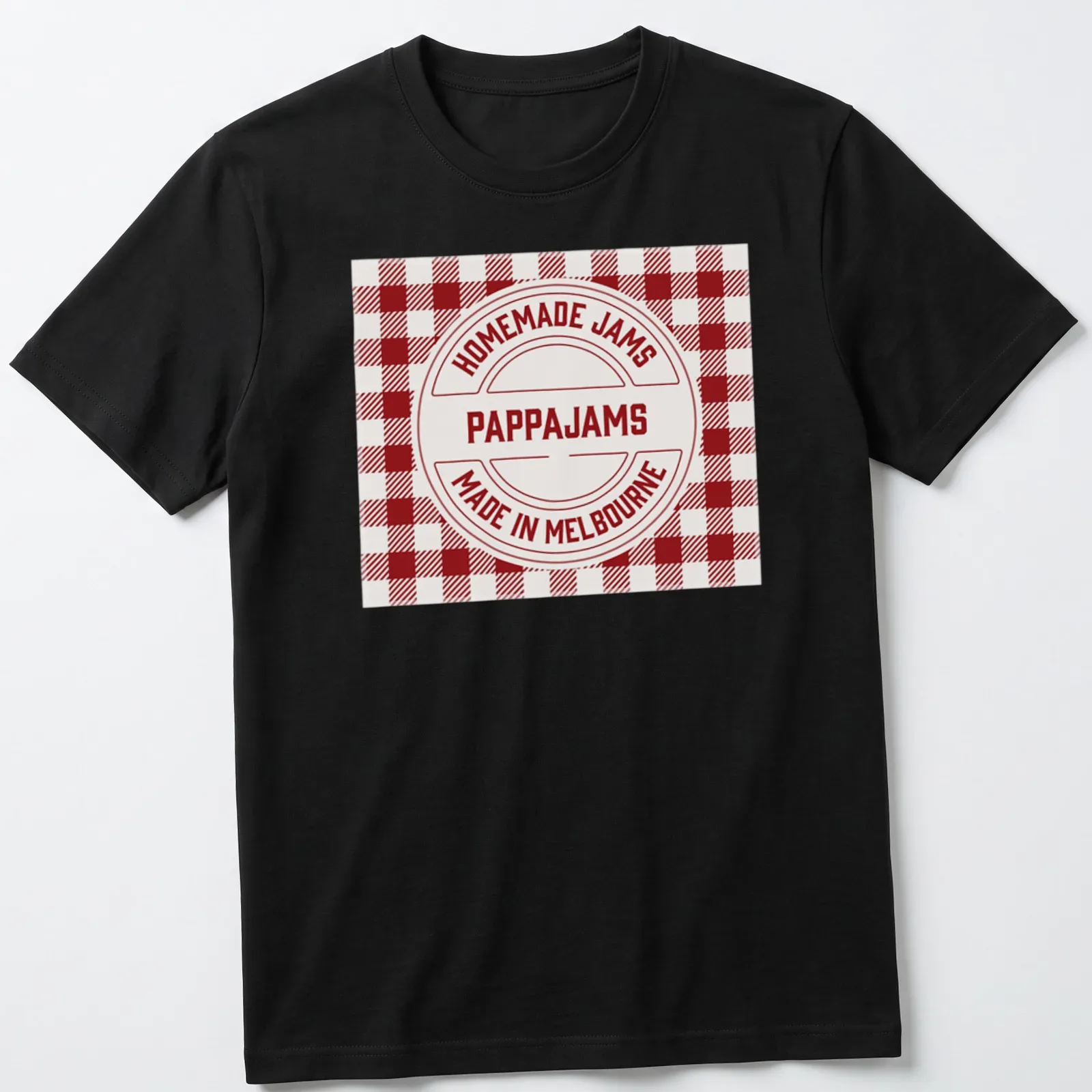 Vintage badge design with Homemade Jams Pappajams Made In Melbourne text in red and white — printed on a unisex t-shirt