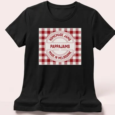 Vintage badge design with Homemade Jams Pappajams Made In Melbourne text in red and white — printed on a women's shirt