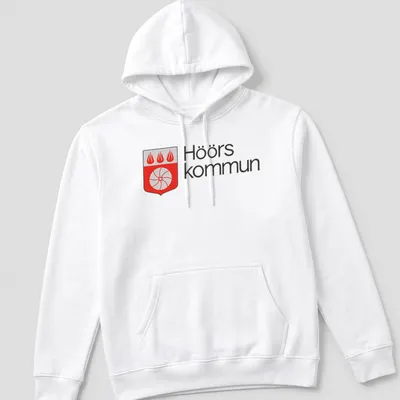Modern design featuring Höörs kommun coat of arms in red and white — printed on a unisex hoodie