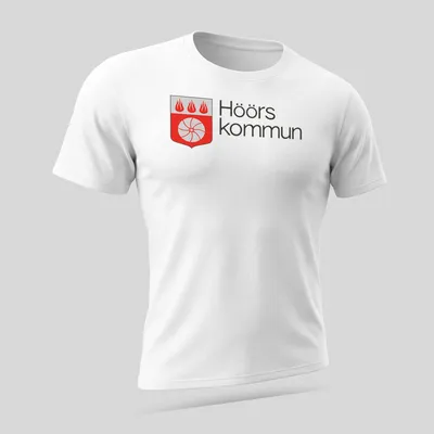 Modern design featuring Höörs kommun coat of arms in red and white — printed on a unisex t-shirt (angled view)