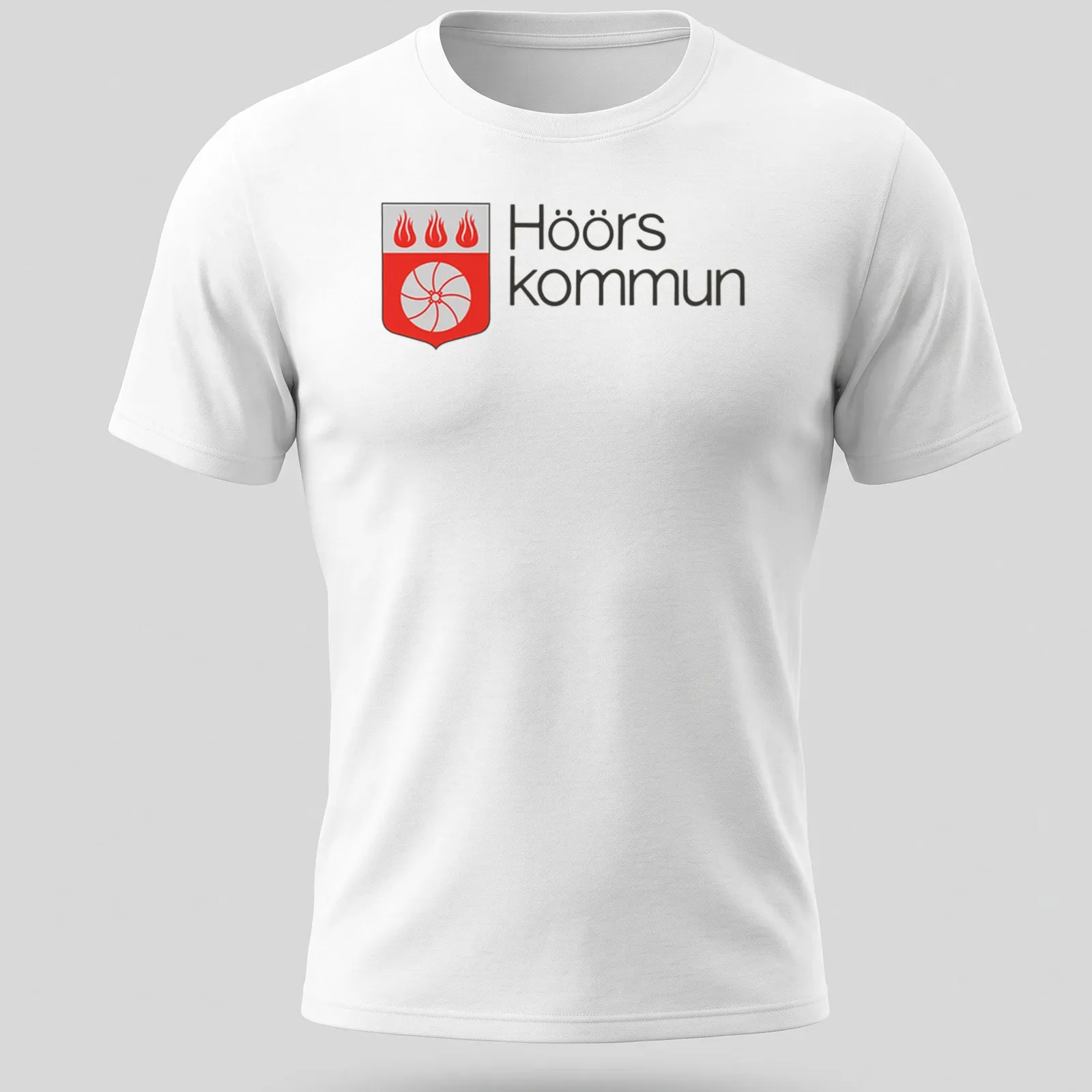 Modern design featuring Höörs kommun coat of arms in red and white — printed on a unisex t-shirt
