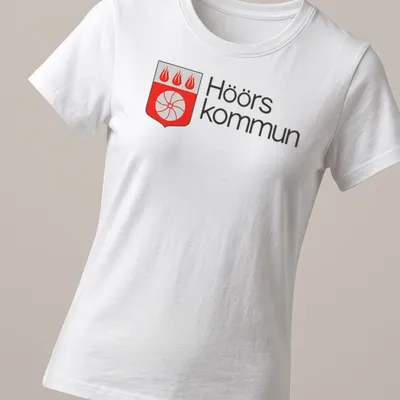 Modern design featuring Höörs kommun coat of arms in red and white — printed on a women's shirt