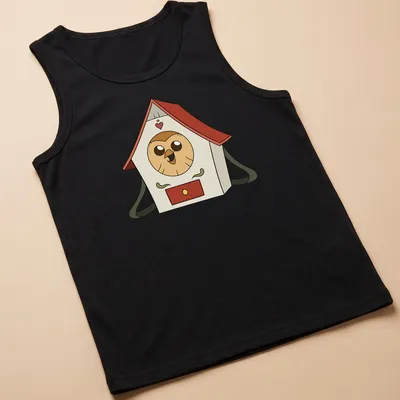 Cartoon owl character named Hooty with vibrant colors and playful expression — printed on a tank top