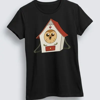 Cartoon owl character named Hooty with vibrant colors and playful expression — printed on a women's shirt
