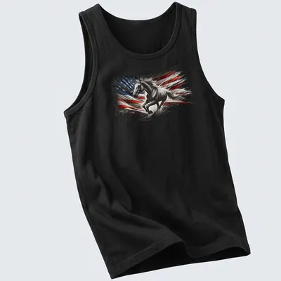 Dynamic abstract design of a horse incorporating American flag colors — printed on a tank top
