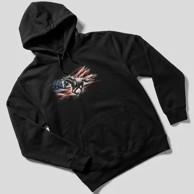 Dynamic abstract design of a horse incorporating American flag colors — printed on a unisex hoodie