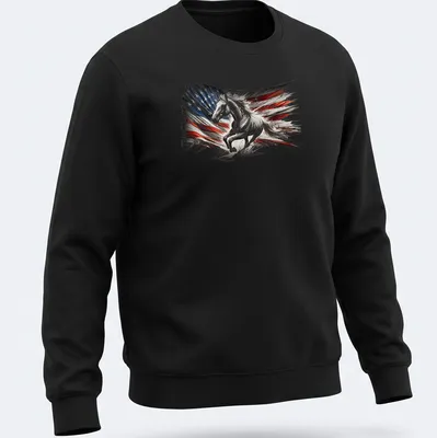 Dynamic abstract design of a horse incorporating American flag colors — printed on a unisex sweatshirt