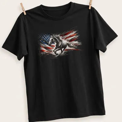 Dynamic abstract design of a horse incorporating American flag colors — printed on a unisex t-shirt