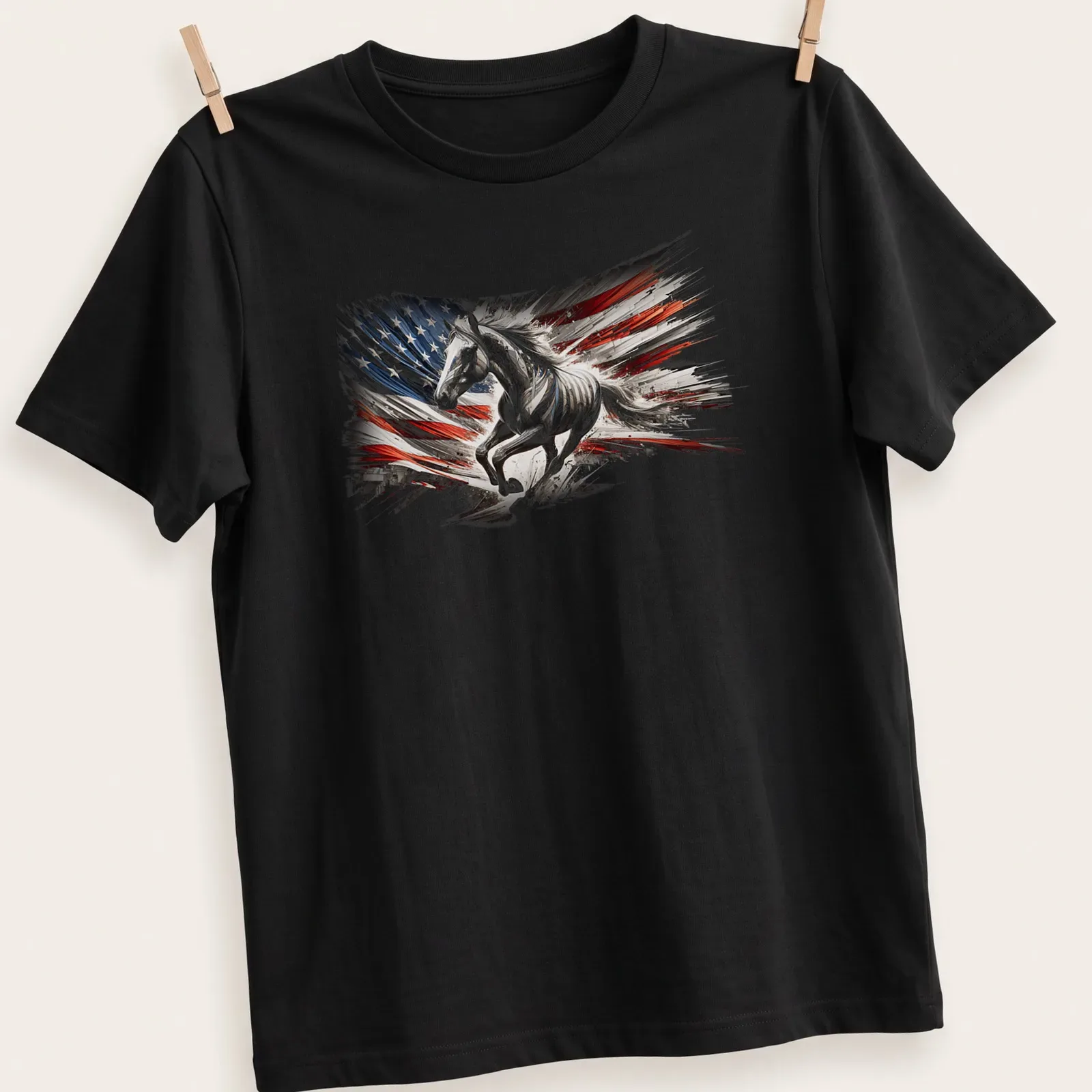 Dynamic abstract design of a horse incorporating American flag colors — printed on a unisex t-shirt