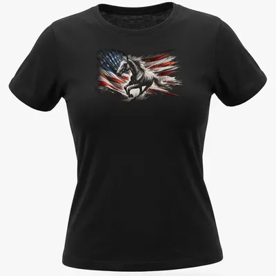 Dynamic abstract design of a horse incorporating American flag colors — printed on a women's shirt