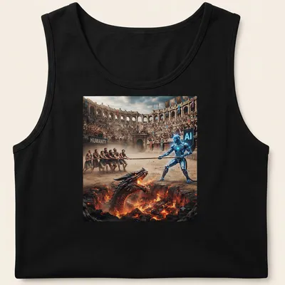 Cinematic artwork of a robot battling a dragon with Humanity Versus AI text — printed on a tank top
