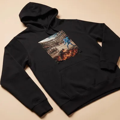 Cinematic artwork of a robot battling a dragon with Humanity Versus AI text — printed on a unisex hoodie