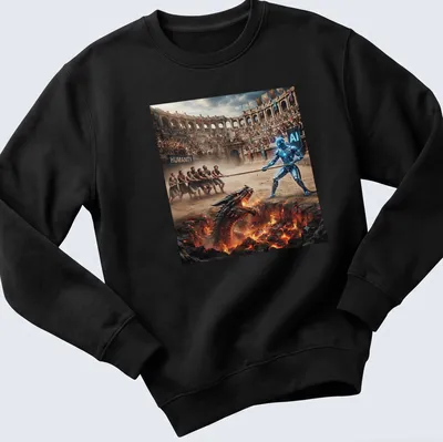 Cinematic artwork of a robot battling a dragon with Humanity Versus AI text — printed on a unisex sweatshirt
