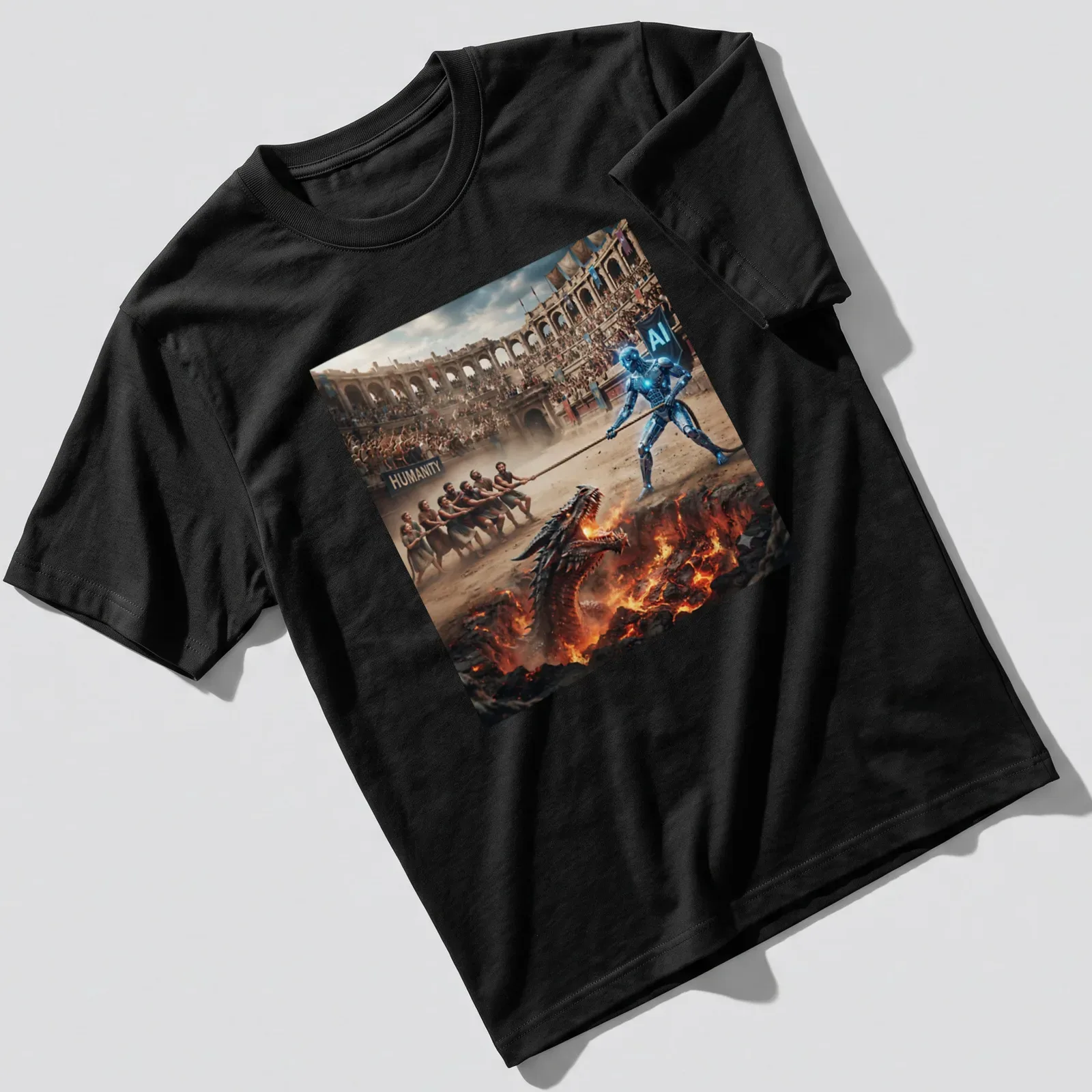 Cinematic artwork of a robot battling a dragon with Humanity Versus AI text — printed on a unisex t-shirt