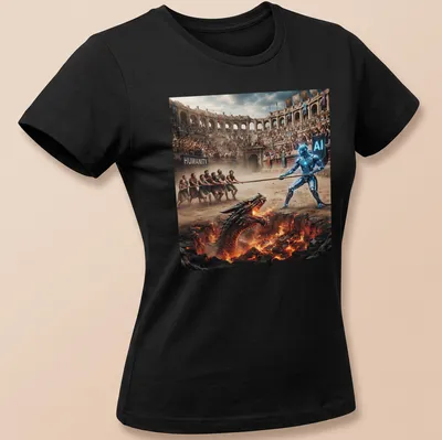 Cinematic artwork of a robot battling a dragon with Humanity Versus AI text — printed on a women's shirt