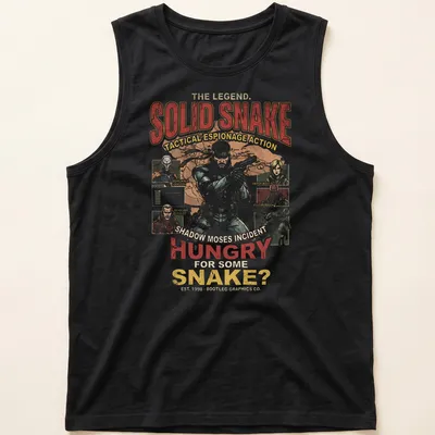 Vintage retro Solid Snake tee featuring bold text and graphics — printed on a tank top