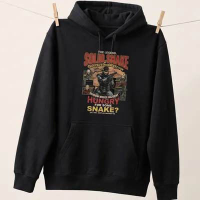 Vintage retro Solid Snake tee featuring bold text and graphics — printed on a unisex hoodie
