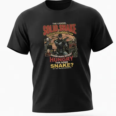 Vintage retro Solid Snake tee featuring bold text and graphics