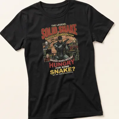 Vintage retro Solid Snake tee featuring bold text and graphics — printed on a women's shirt