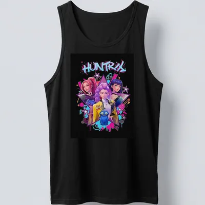 Vibrant anime graphic of three female characters with a blue creature and text HUNTRIX — printed on a tank top