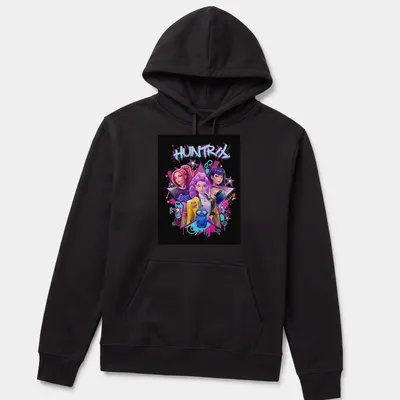 Vibrant anime graphic of three female characters with a blue creature and text HUNTRIX — printed on a unisex hoodie