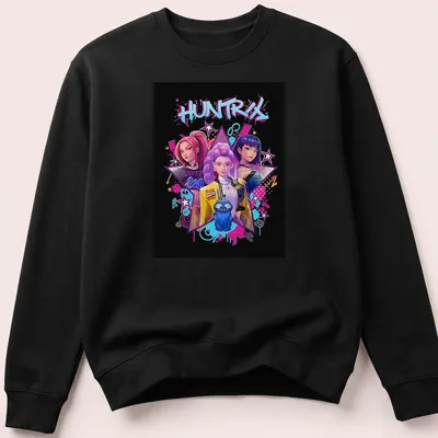 Vibrant anime graphic of three female characters with a blue creature and text HUNTRIX — printed on a unisex sweatshirt