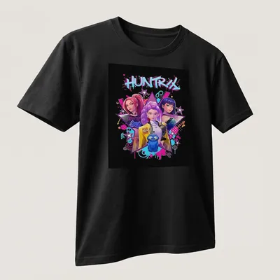 Vibrant anime graphic of three female characters with a blue creature and text HUNTRIX — printed on a unisex t-shirt (angled view)
