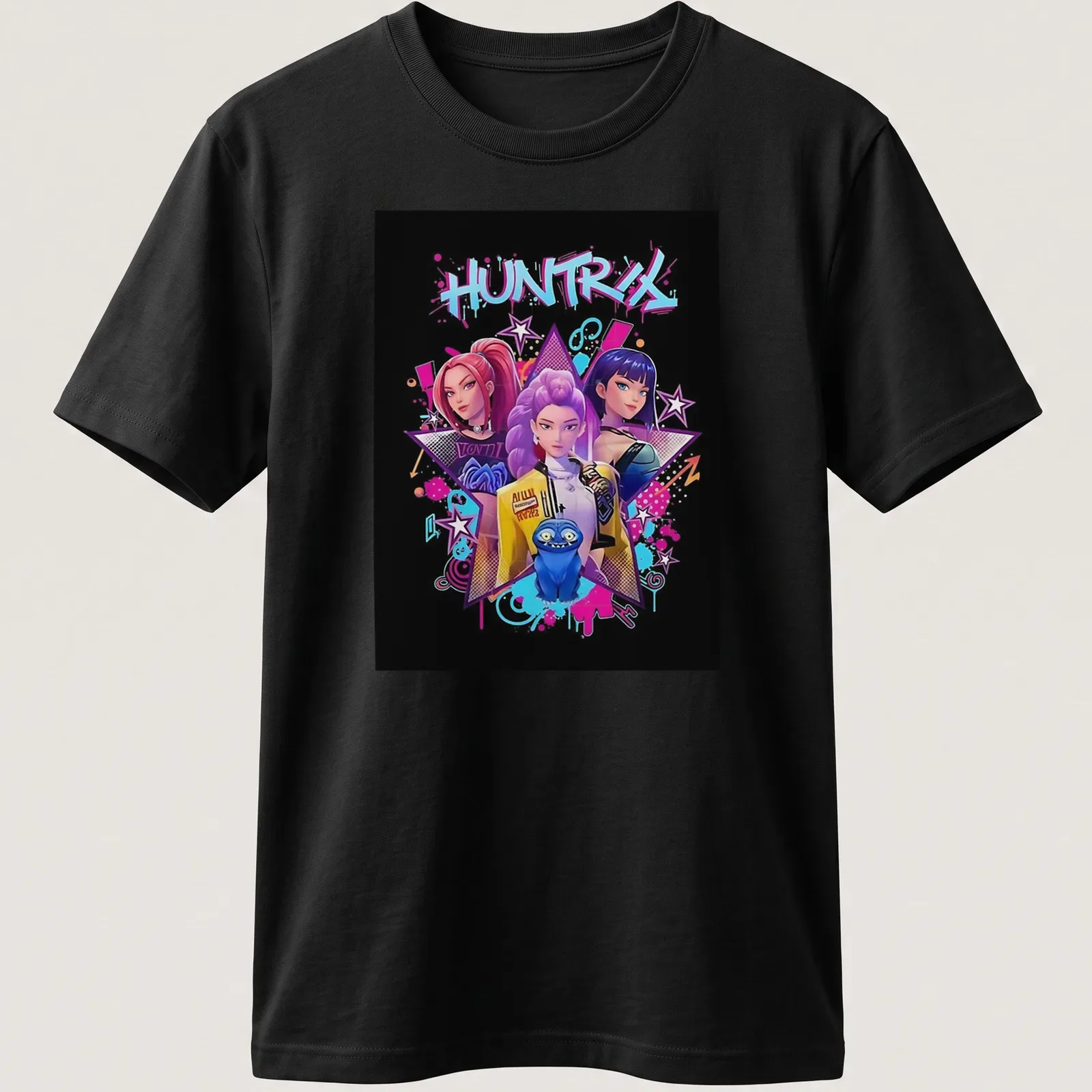 Vibrant anime graphic of three female characters with a blue creature and text HUNTRIX — printed on a unisex t-shirt
