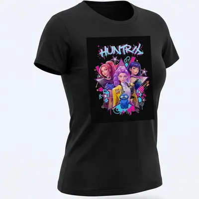 Vibrant anime graphic of three female characters with a blue creature and text HUNTRIX — printed on a women's shirt