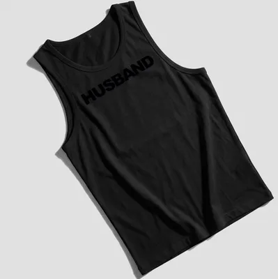 Minimal bold black HUSBAND text on a — printed on a tank top
