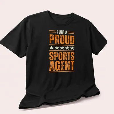 Bold vintage print of the phrase 'I AM A PROUD SPORTS AGENT' in orange and cream — printed on a unisex t-shirt (angled view)