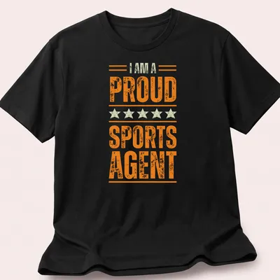Bold vintage print of the phrase 'I AM A PROUD SPORTS AGENT' in orange and cream
