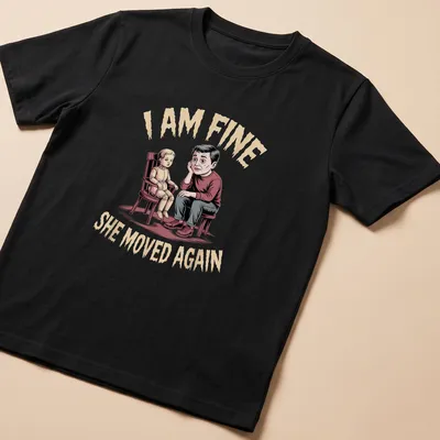 Humorous illustration of a father with a doll and text saying I AM FINE SHE MOVED AGAIN