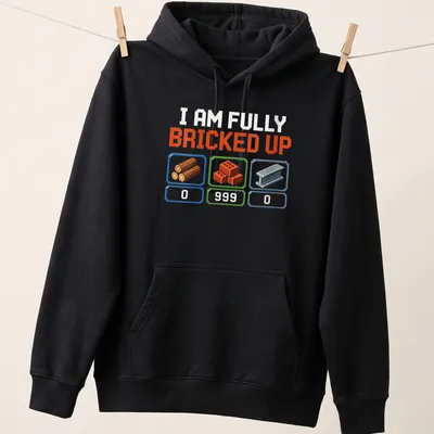 Pixel art gaming tee with the text 'I AM FULLY BRICKED UP' and colorful retro graphics. — printed on a unisex hoodie
