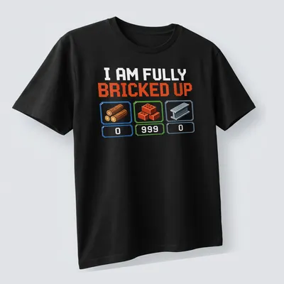 Pixel art gaming tee with the text 'I AM FULLY BRICKED UP' and colorful retro graphics. — printed on a unisex t-shirt (angled view)