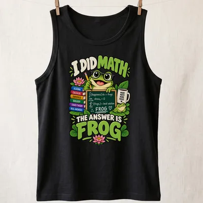 Cartoon frog with glasses and funny math text on — printed on a tank top
