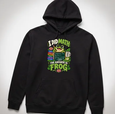 Cartoon frog with glasses and funny math text on — printed on a unisex hoodie