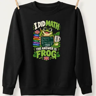 Cartoon frog with glasses and funny math text on — printed on a unisex sweatshirt