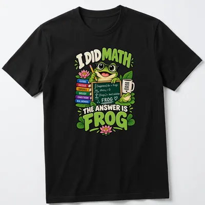 Cartoon frog with glasses and funny math text on t-shirt