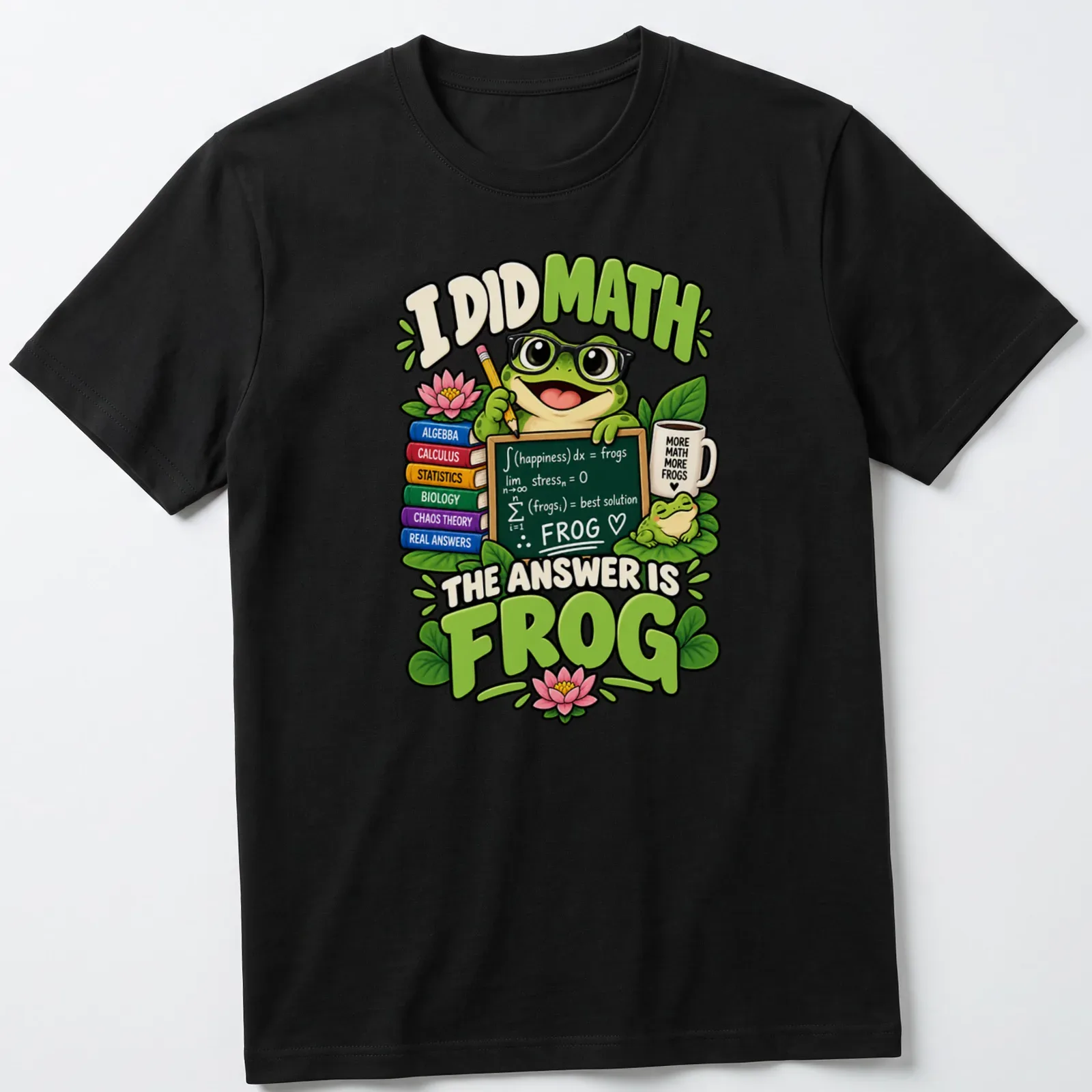 Cartoon frog with glasses and funny math text on — printed on a unisex t-shirt