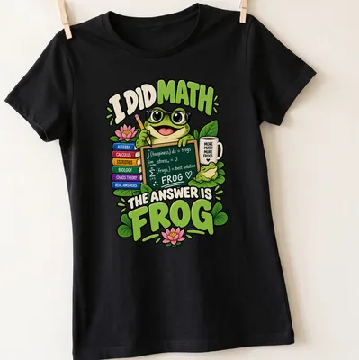 Cartoon frog with glasses and funny math text on — printed on a women's shirt