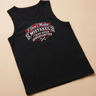 Vintage badge design with humorous mechanic quote in red, black, silver, and white — printed on a tank top