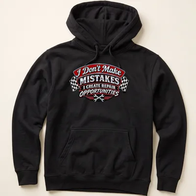 Vintage badge design with humorous mechanic quote in red, black, silver, and white — printed on a unisex hoodie
