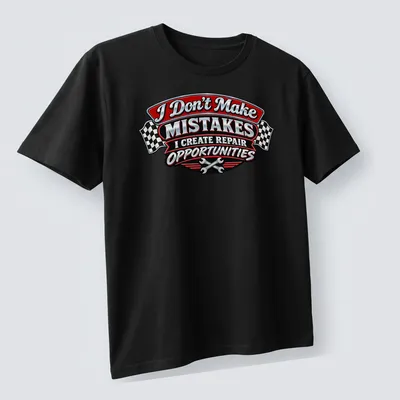 Vintage badge design with humorous mechanic quote in red, black, silver, and white — printed on a unisex t-shirt (angled view)