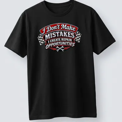 Vintage badge design with humorous mechanic quote in red, black, silver, and white — printed on a unisex t-shirt