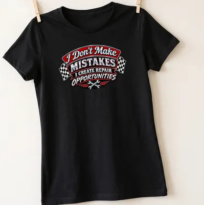 Vintage badge design with humorous mechanic quote in red, black, silver, and white — printed on a women's shirt